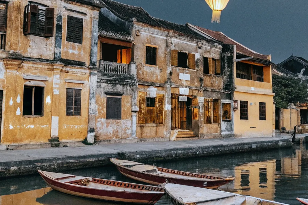 Old yellow houses and wooden boats along the river in Hoi An