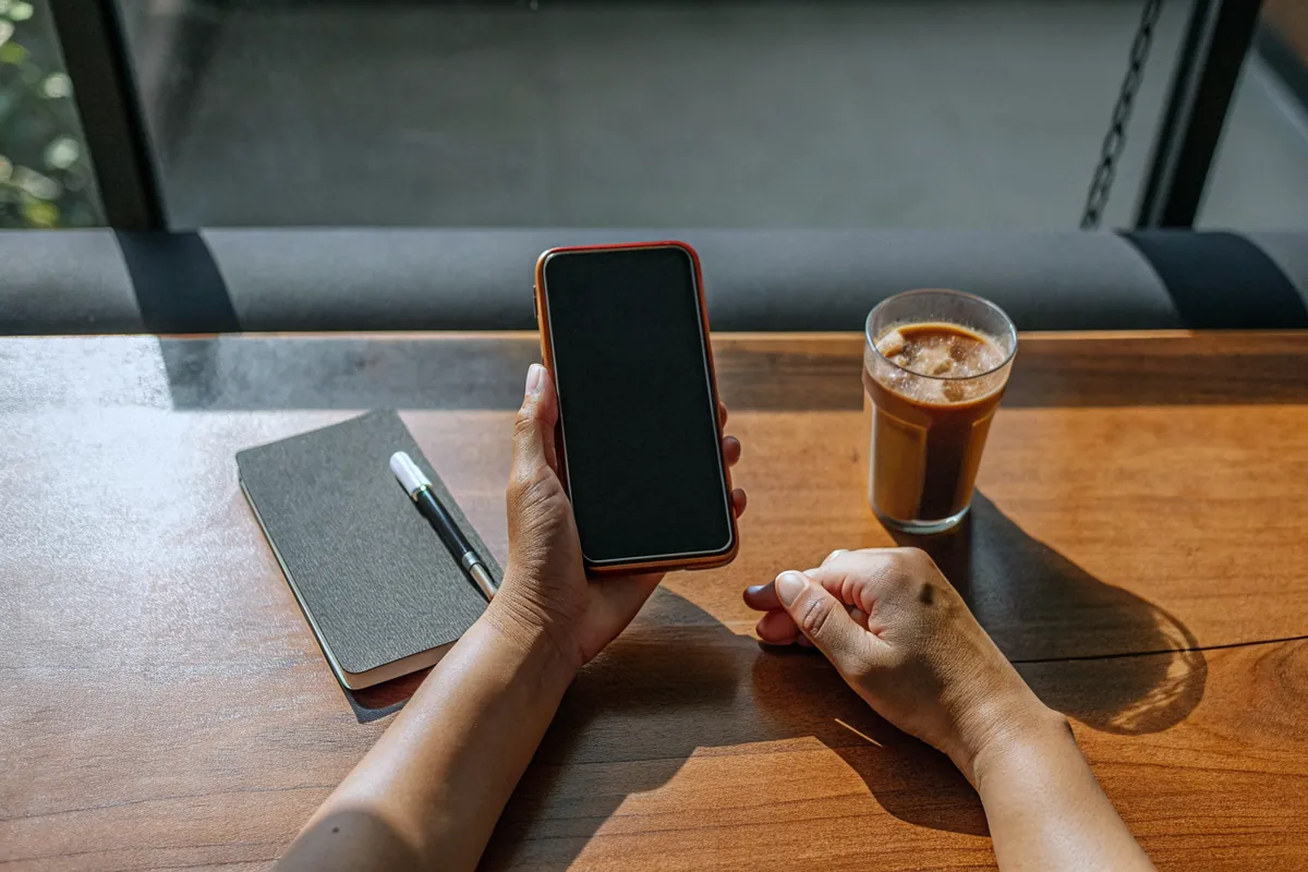 Hands holding a phone with a dark screen above a cafe table, a notebook and an iced coffee beside it